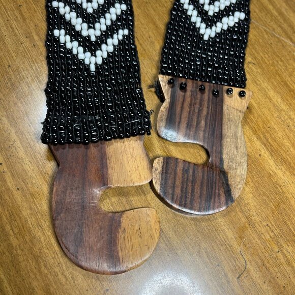 Vintage Hand Beaded Black White Elastic Stretch Belt Wood Detail Boho 31"-33" - Picture 3 of 8